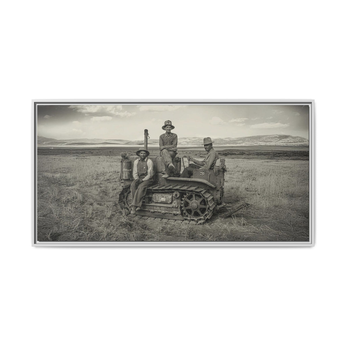 Three Men and a Tractor | Vintage Crawler in Field | Framed Wall Art on Canvas