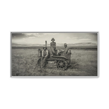 Three Men and a Tractor | Vintage Crawler in Field | Framed Wall Art on Canvas