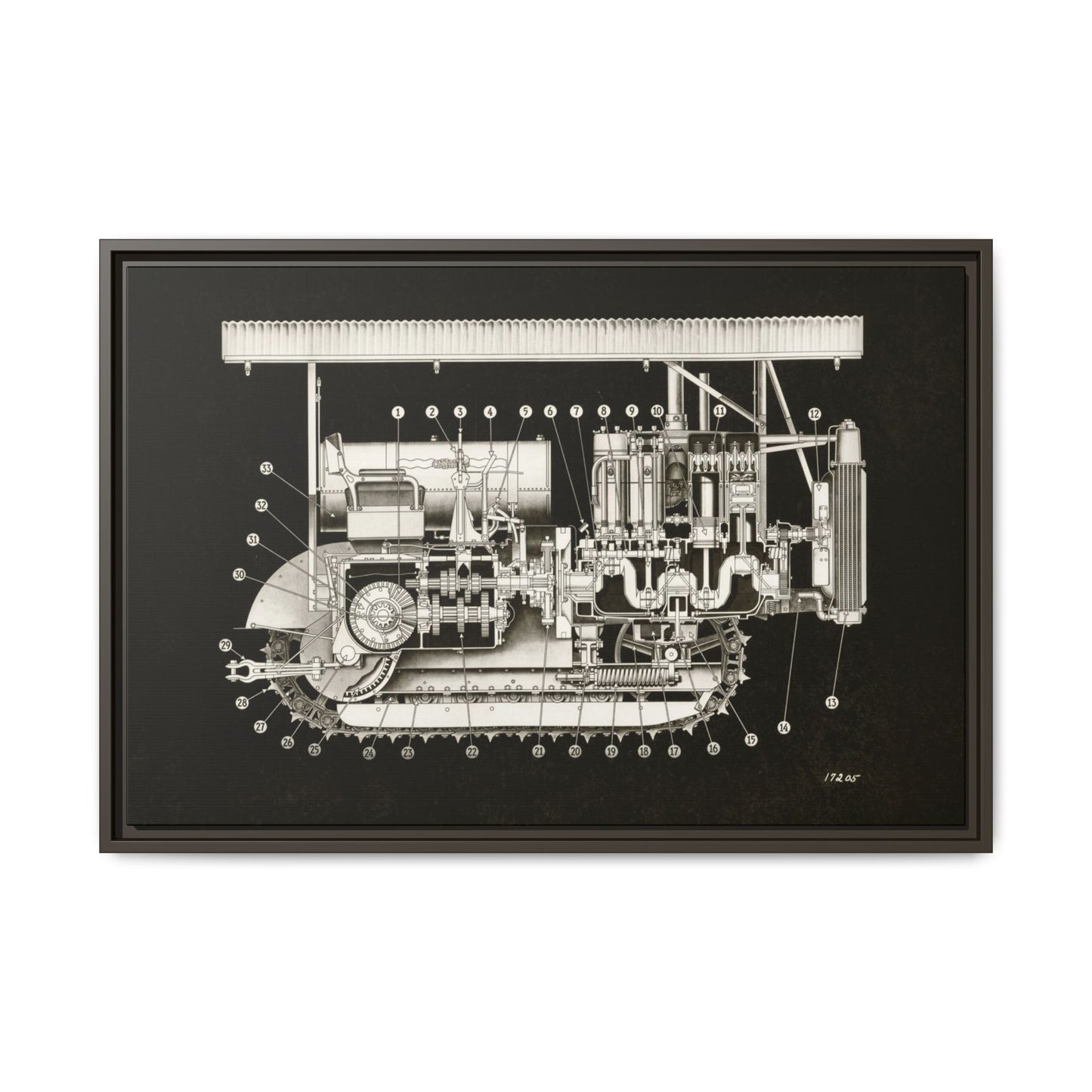 Vintage Engine Crawler Cutaway Engineering Drawing on Matte Canvas Framed | Industrial Wall Art