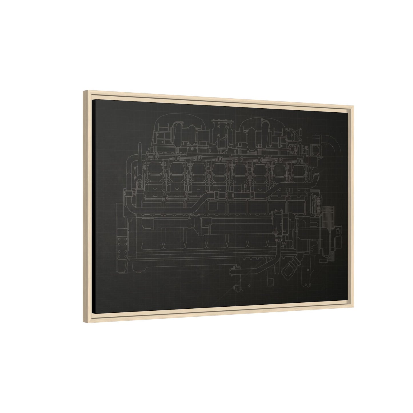 Engine Side View Schematic Drawing Framed Wall Art on Matte Canvas