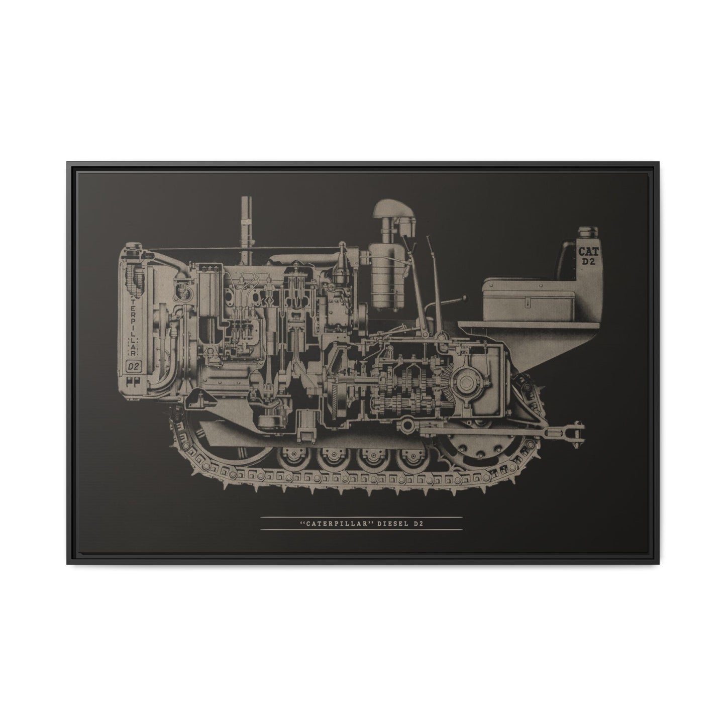 Vintage Caterpillar D2 Cutaway Drawing | Framed Wall Art on Stretched Canvas