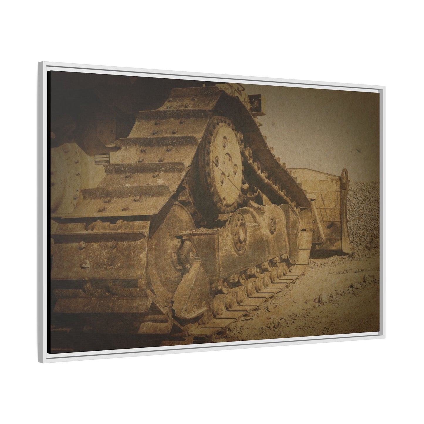Dozer Tracks Pushing Stone | Framed Wall Art on Stretched Canvas