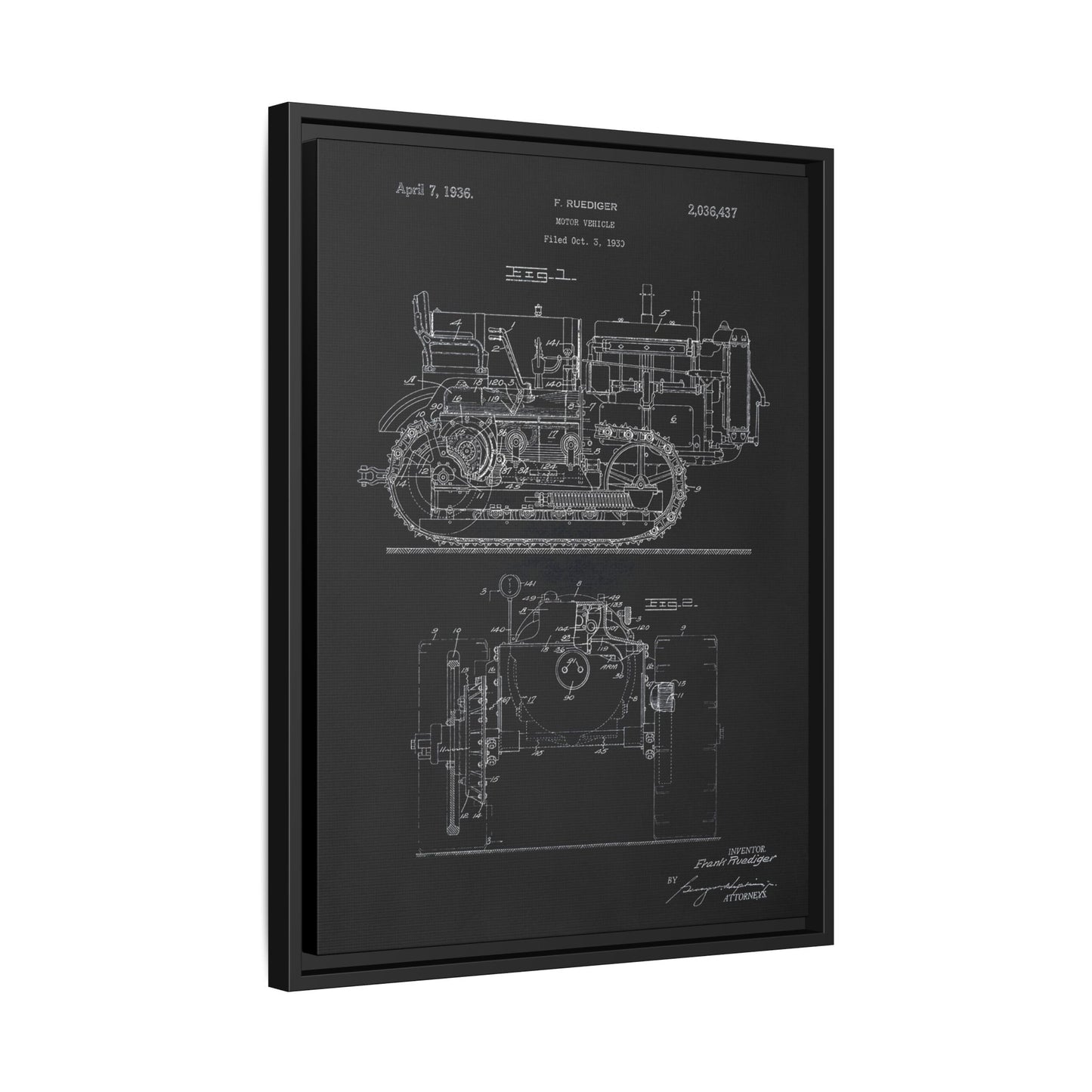 Vintage Dozer Rudiger Patent Drawing, Framed Wall Art on Canvas