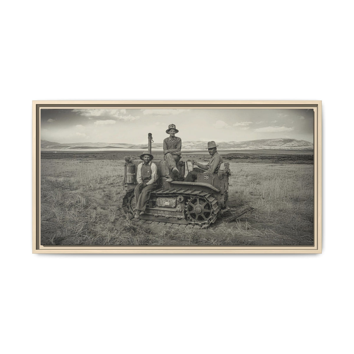 Three Men and a Tractor | Vintage Crawler in Field | Framed Wall Art on Canvas