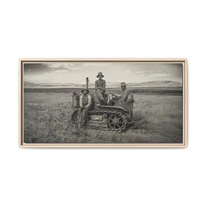 Three Men and a Tractor | Vintage Crawler in Field | Framed Wall Art on Canvas