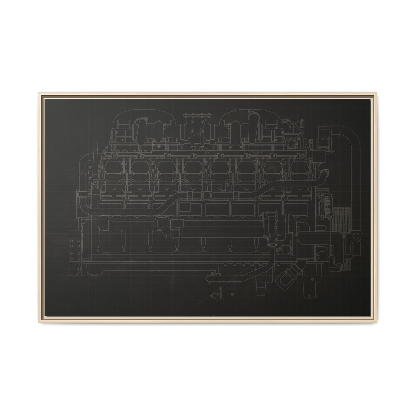 Engine Side View Schematic Drawing Framed Wall Art on Matte Canvas