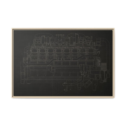 Engine Side View Schematic Drawing Framed Wall Art on Matte Canvas