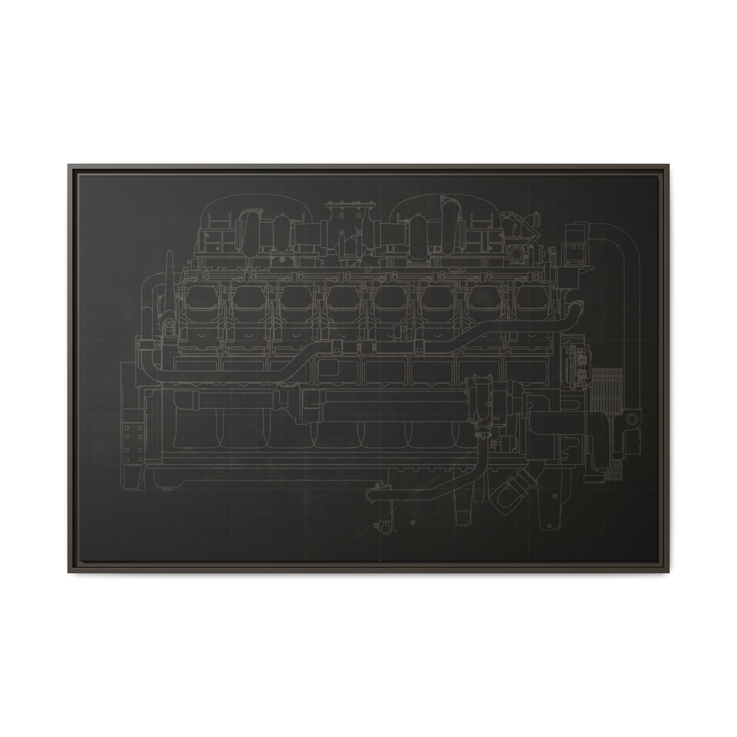 Engine Side View Schematic Drawing Framed Wall Art on Matte Canvas