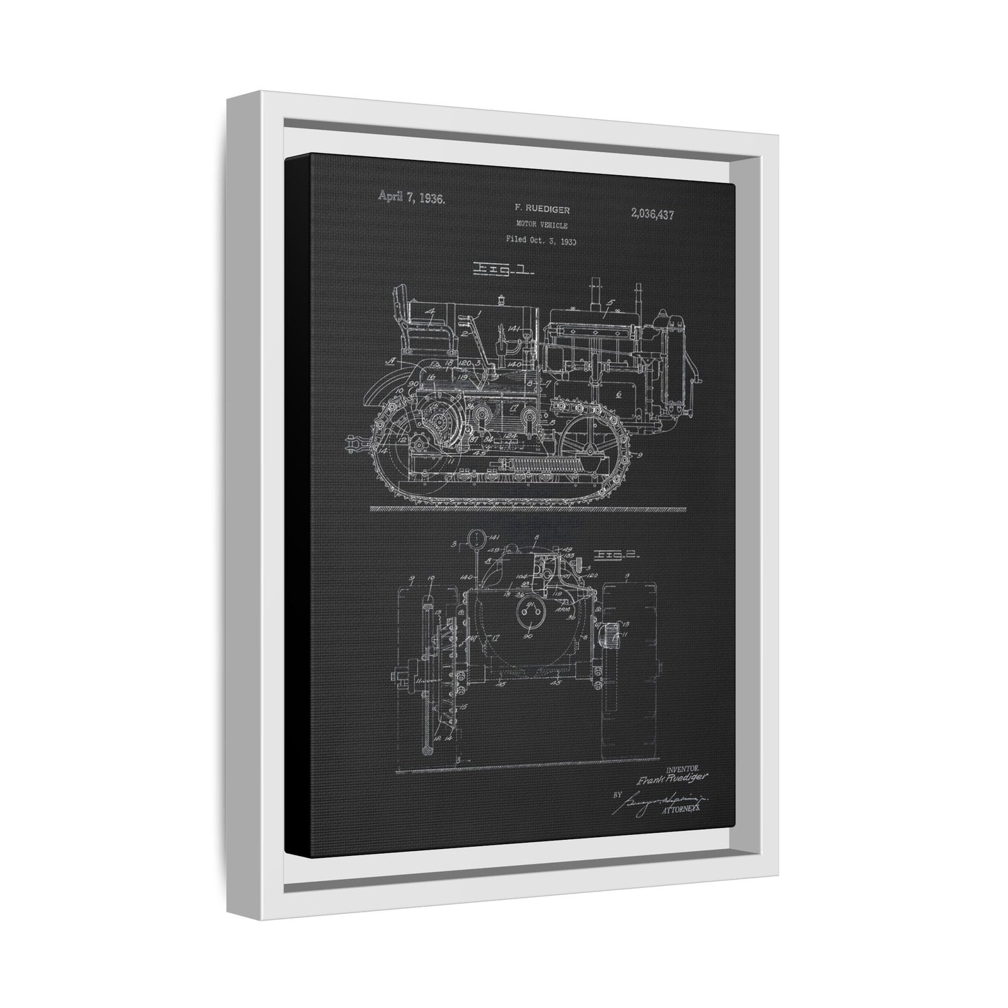 Vintage Dozer Rudiger Patent Drawing, Framed Wall Art on Canvas