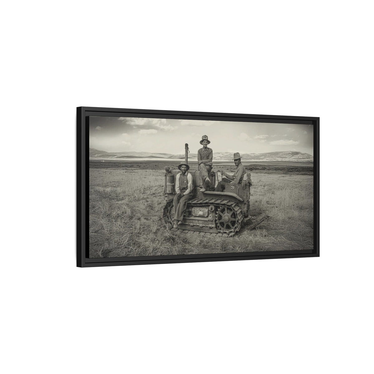 Three Men and a Tractor | Vintage Crawler in Field | Framed Wall Art on Canvas