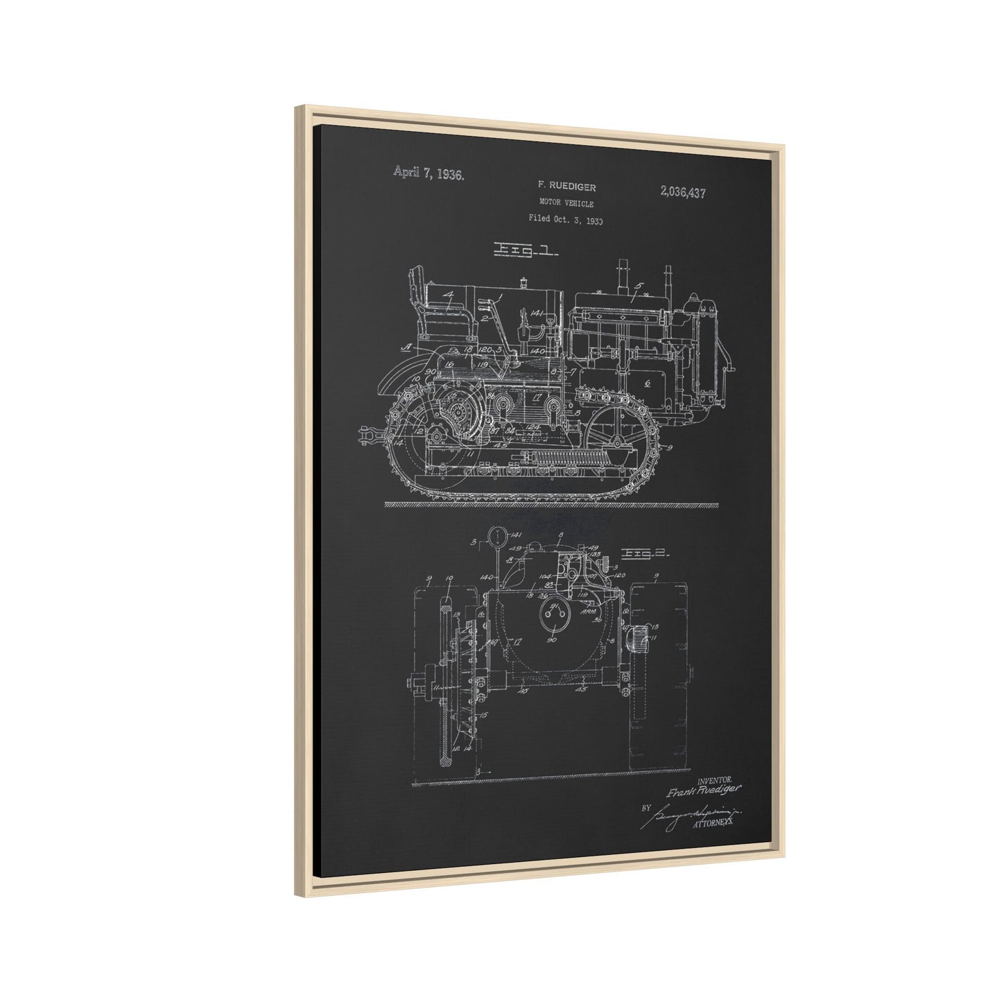 Vintage Dozer Rudiger Patent Drawing, Framed Wall Art on Canvas