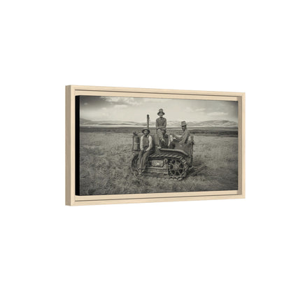 Three Men and a Tractor | Vintage Crawler in Field | Framed Wall Art on Canvas