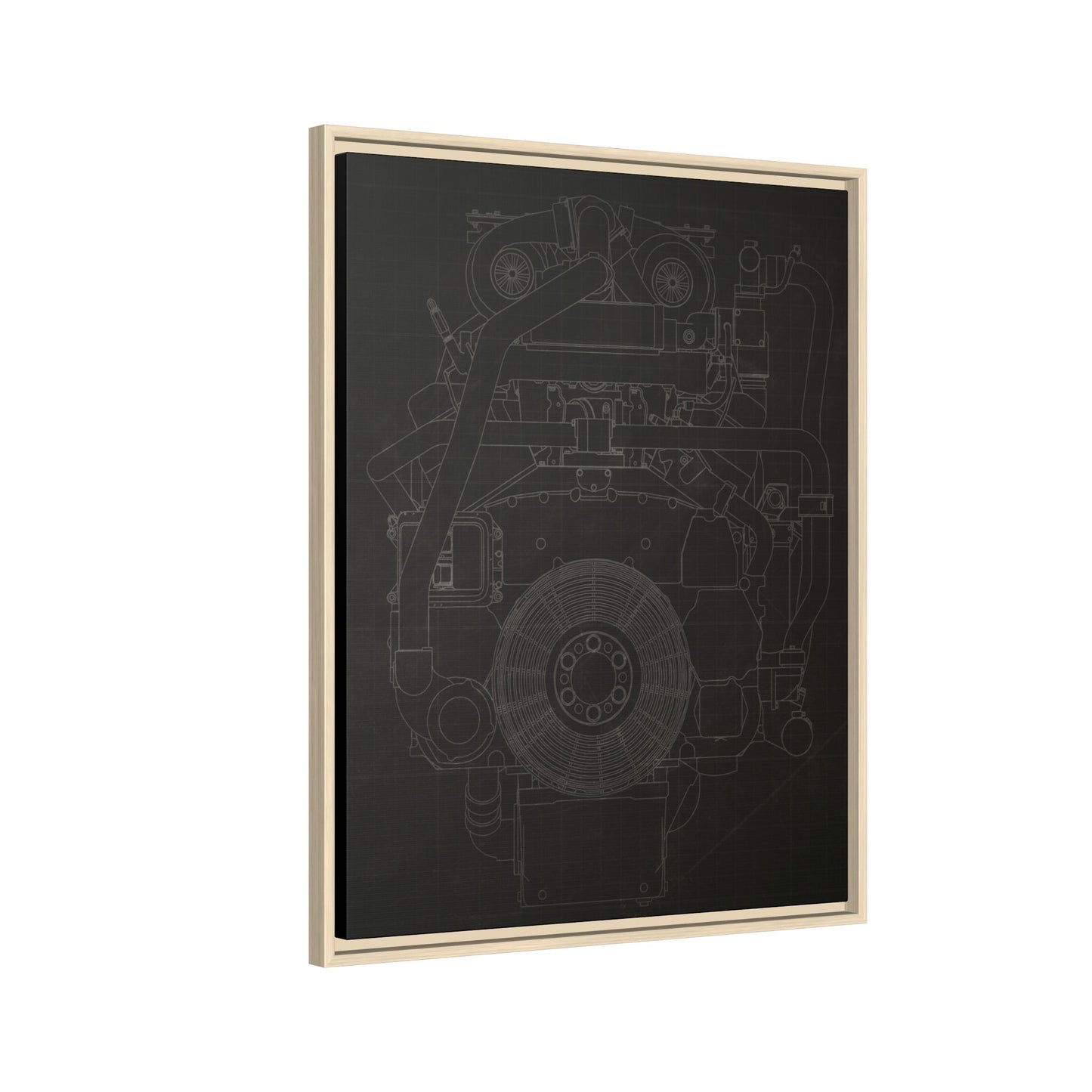 Machine Schematic Engine Drawing Front View Framed Wall Art on Stretched Canvas
