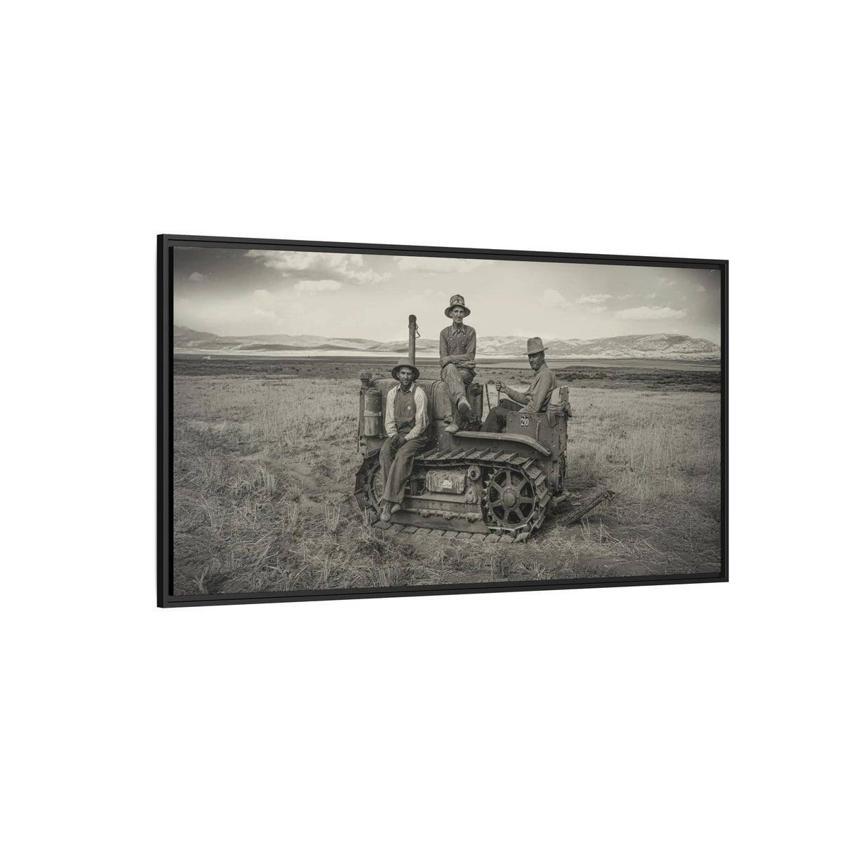 Three Men and a Tractor | Vintage Crawler in Field | Framed Wall Art on Canvas