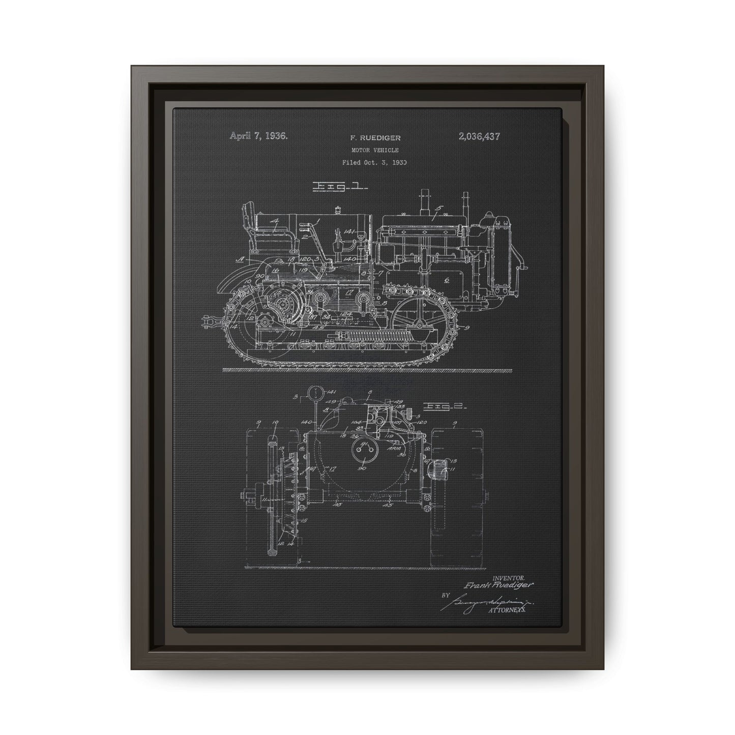 Vintage Dozer Rudiger Patent Drawing, Framed Wall Art on Canvas