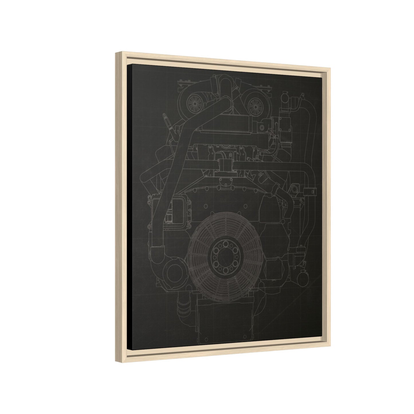 Machine Schematic Engine Drawing Front View Framed Wall Art on Stretched Canvas