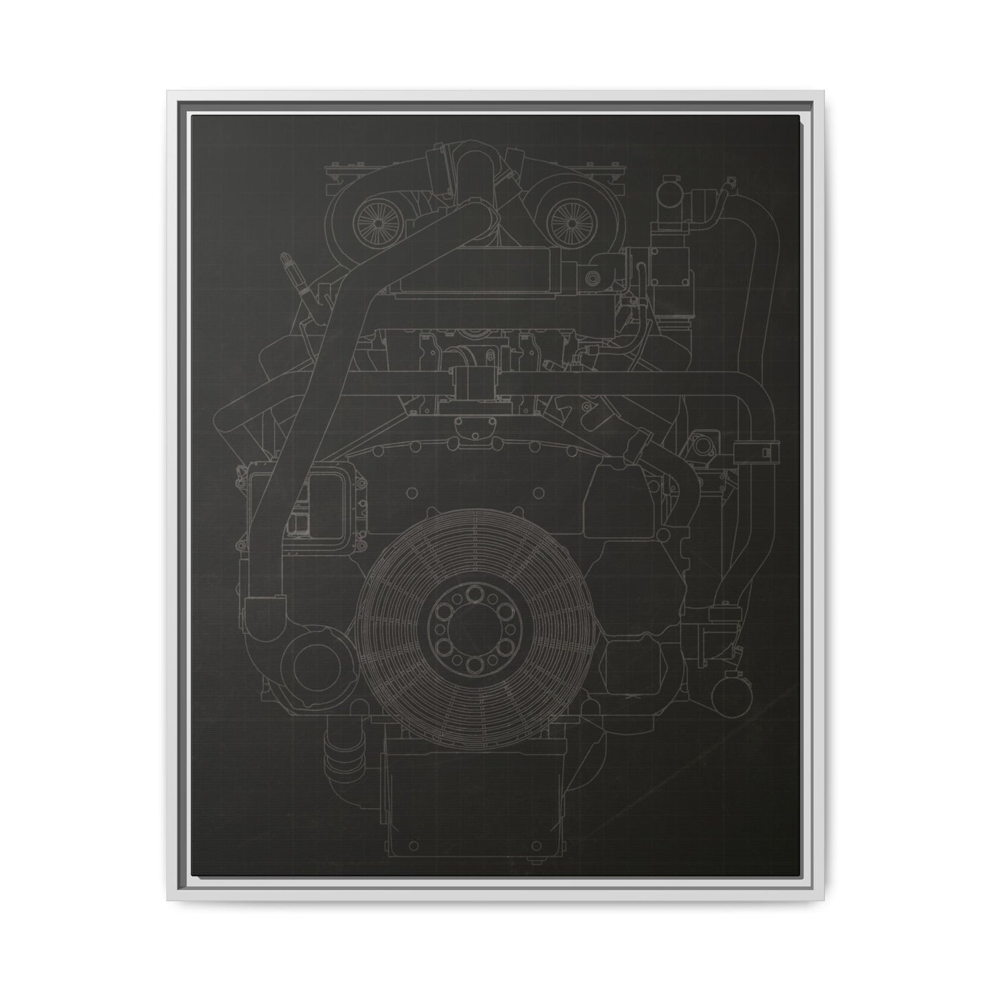 Machine Schematic Engine Drawing Front View Framed Wall Art on Stretched Canvas