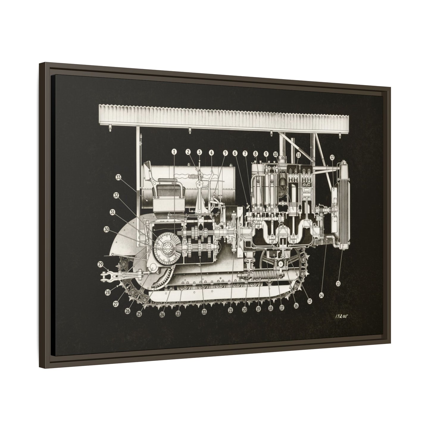 Vintage Engine Crawler Cutaway Engineering Drawing on Matte Canvas Framed | Industrial Wall Art