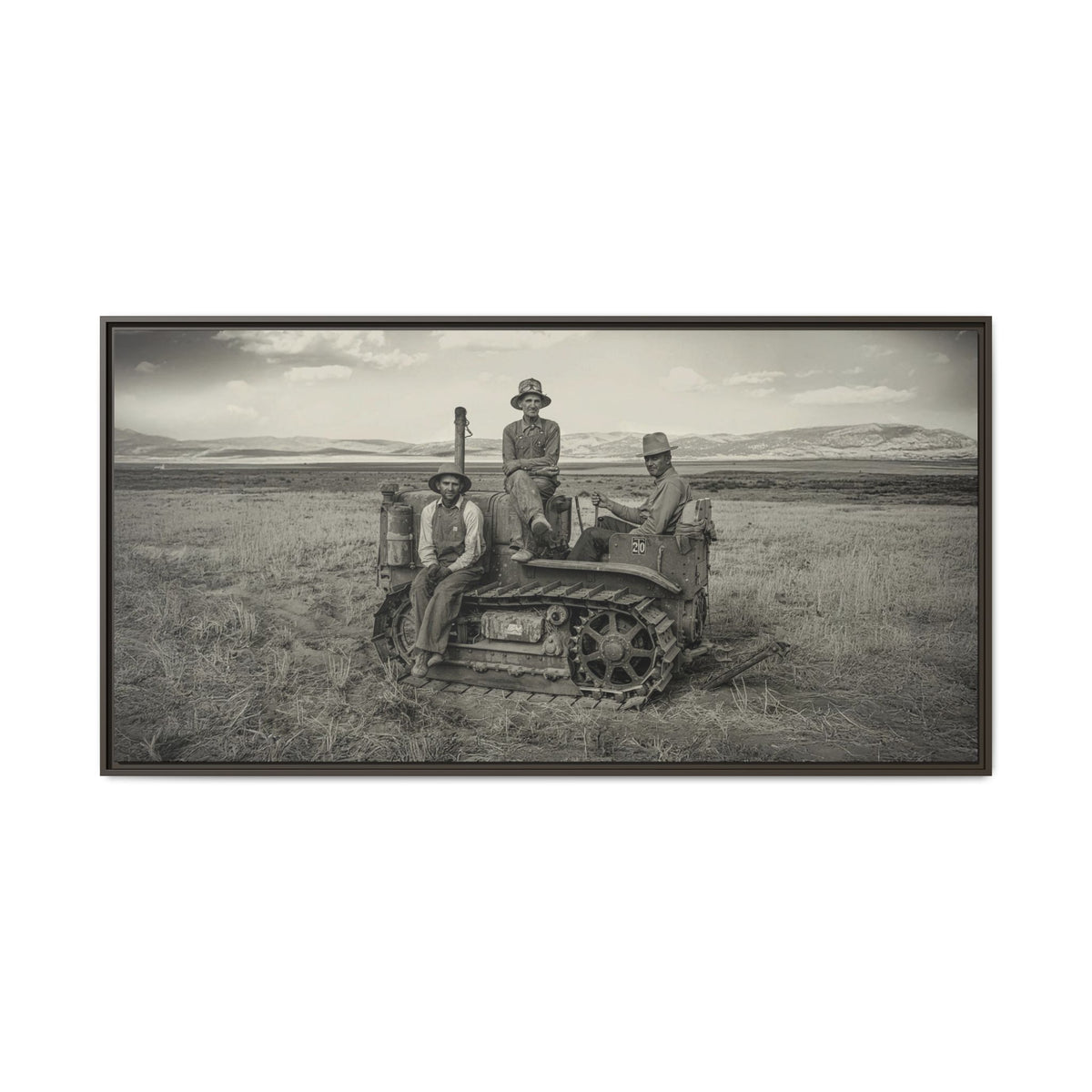 Three Men and a Tractor | Vintage Crawler in Field | Framed Wall Art on Canvas