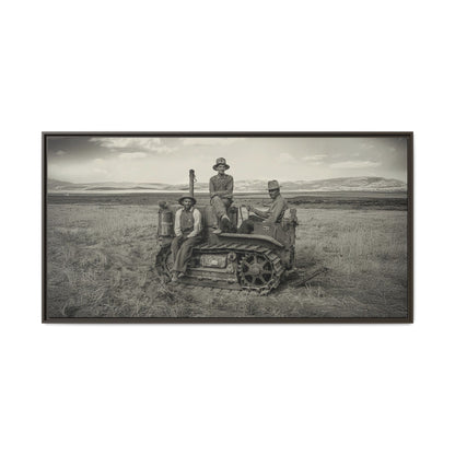Three Men and a Tractor | Vintage Crawler in Field | Framed Wall Art on Canvas