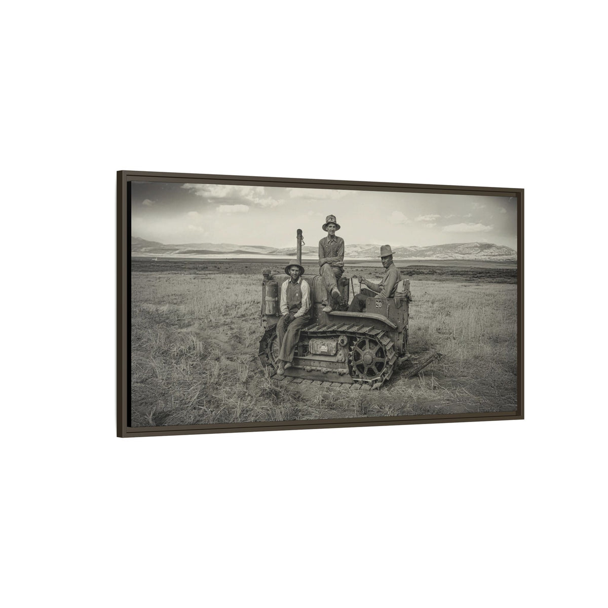 Three Men and a Tractor | Vintage Crawler in Field | Framed Wall Art on Canvas
