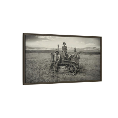 Three Men and a Tractor | Vintage Crawler in Field | Framed Wall Art on Canvas