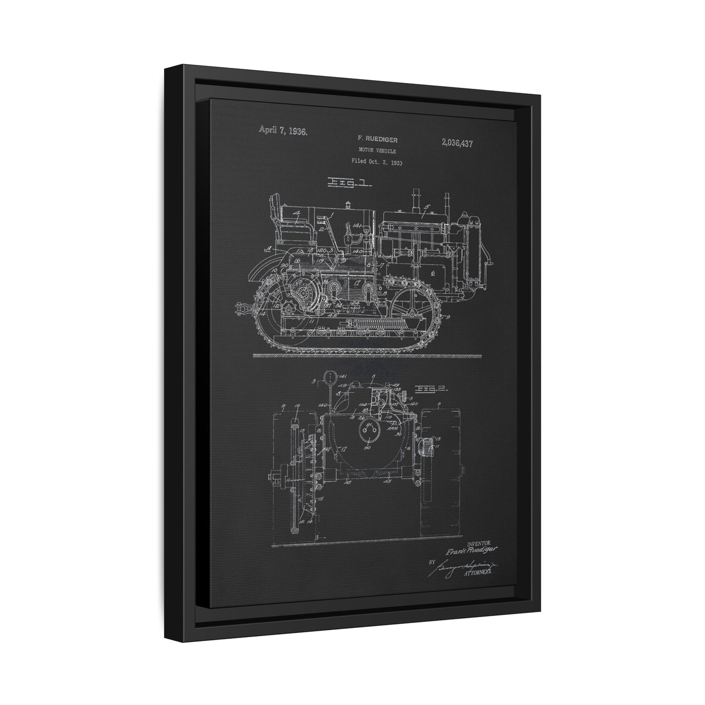 Vintage Dozer Rudiger Patent Drawing, Framed Wall Art on Canvas