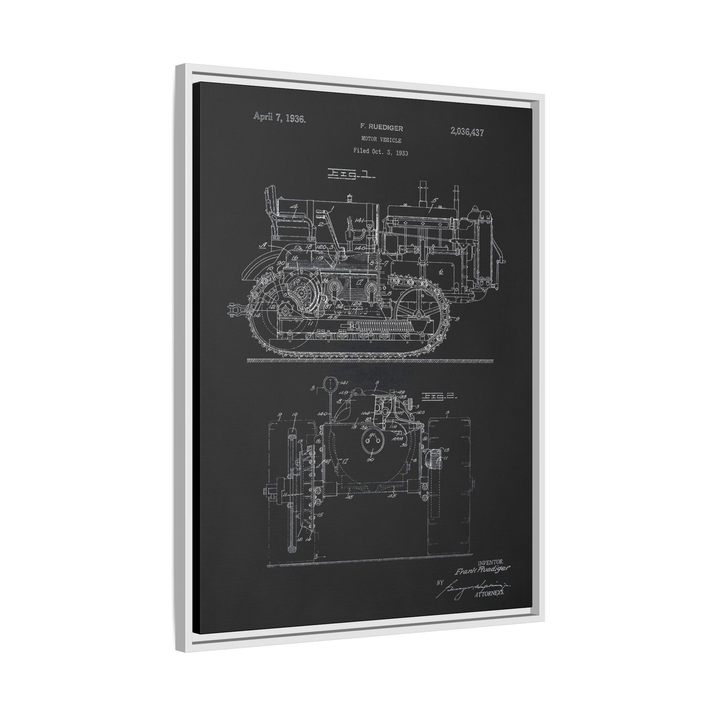 Vintage Dozer Rudiger Patent Drawing, Framed Wall Art on Canvas