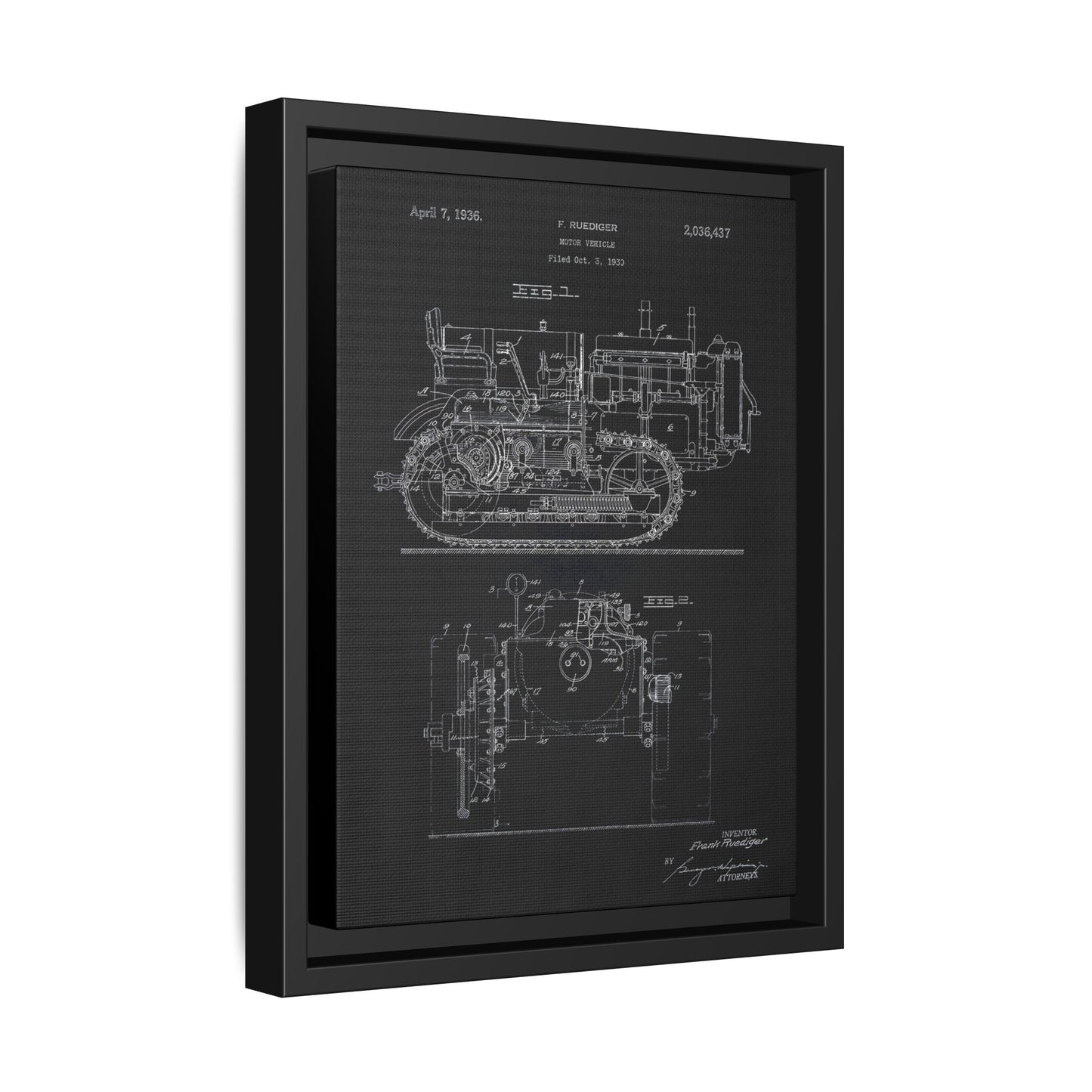 Vintage Dozer Rudiger Patent Drawing, Framed Wall Art on Canvas