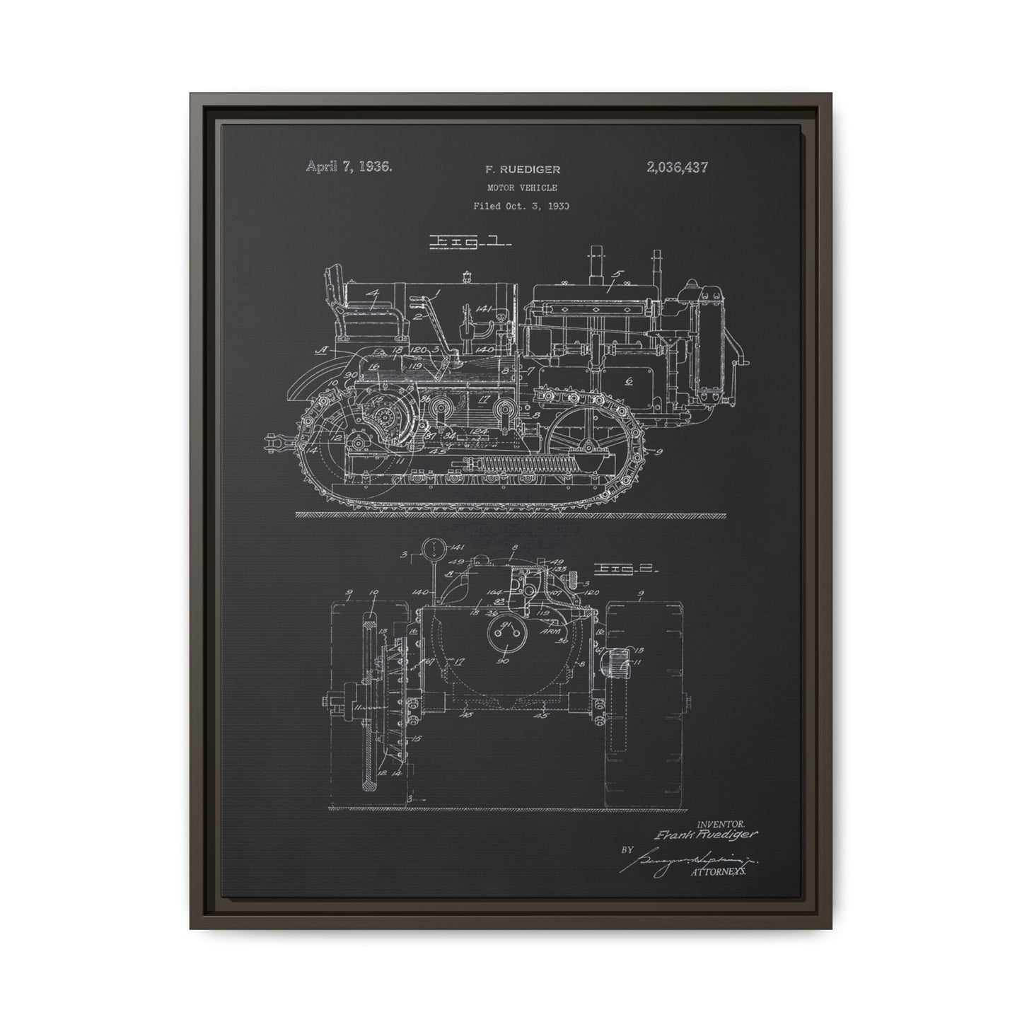 Vintage Dozer Rudiger Patent Drawing, Framed Wall Art on Canvas