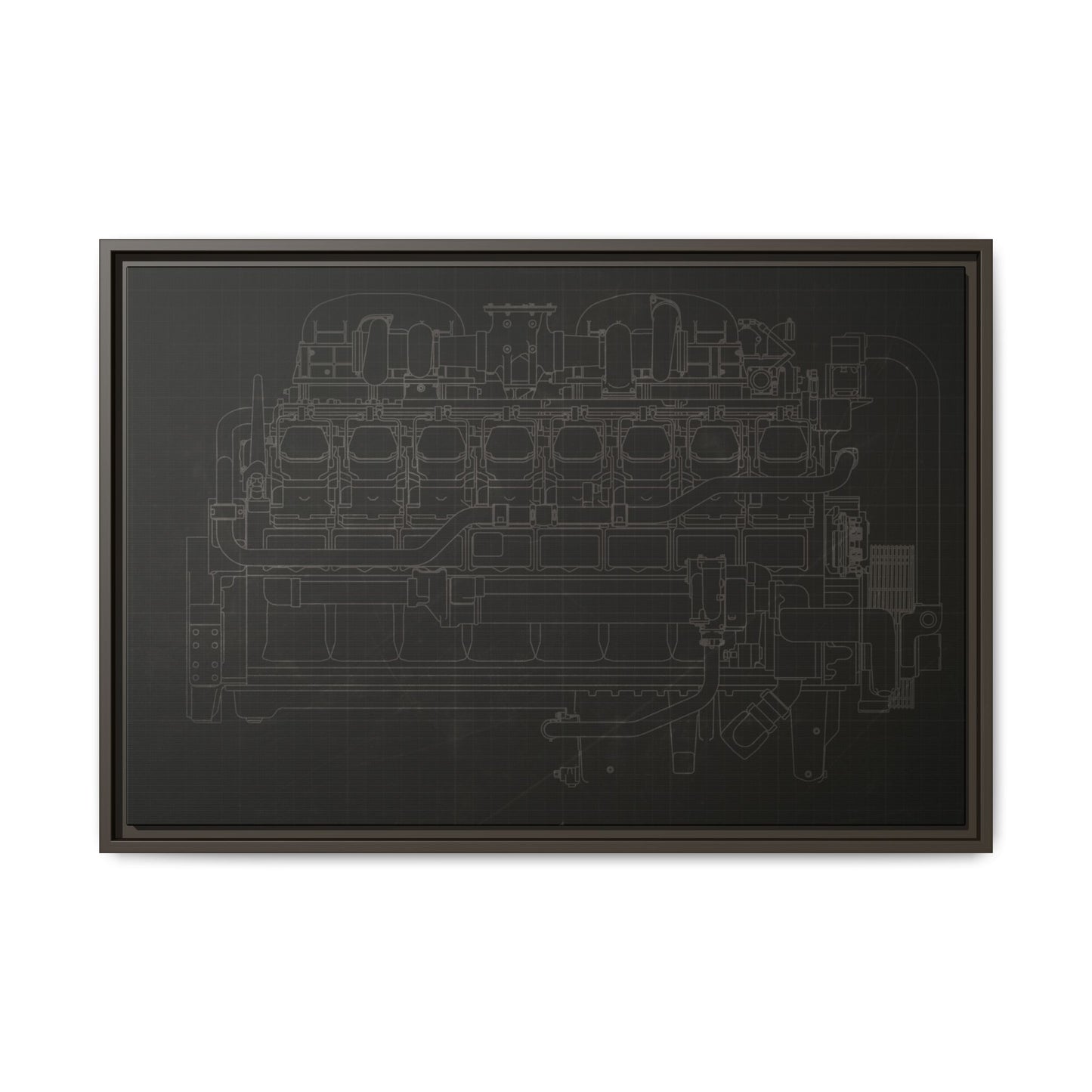 Engine Side View Schematic Drawing Framed Wall Art on Matte Canvas