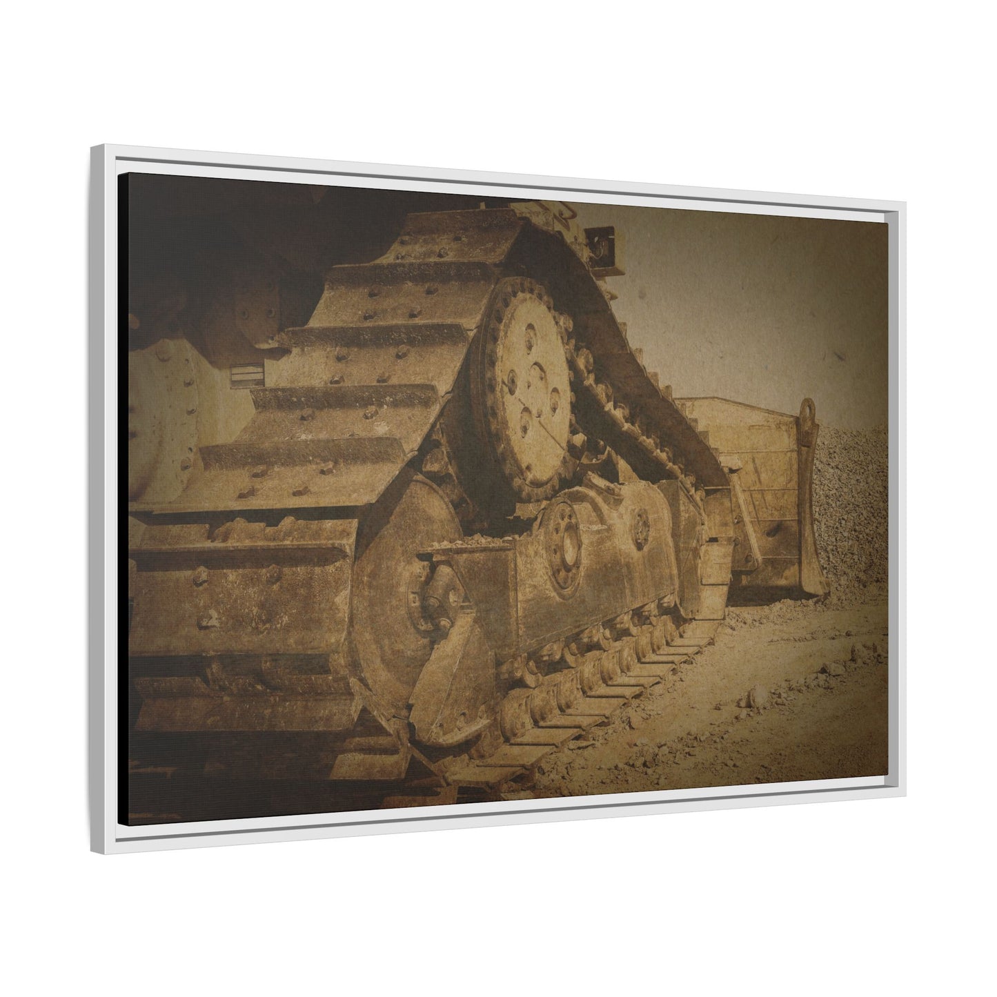 Dozer Tracks Pushing Stone | Framed Wall Art on Stretched Canvas