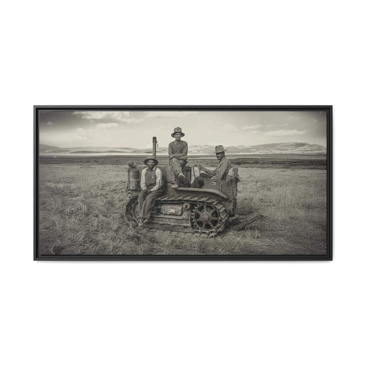 Three Men and a Tractor | Vintage Crawler in Field | Framed Wall Art on Canvas