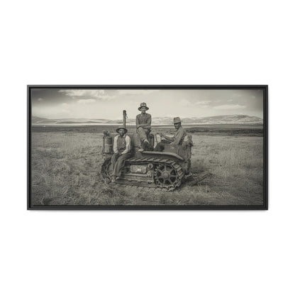 Three Men and a Tractor | Vintage Crawler in Field | Framed Wall Art on Canvas
