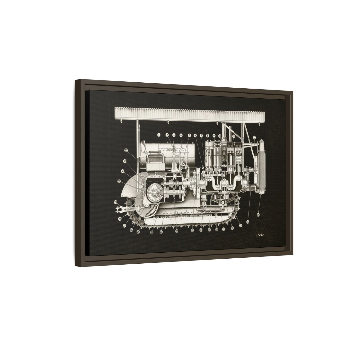 Vintage Engine Crawler Cutaway Engineering Drawing on Matte Canvas Framed | Industrial Wall Art