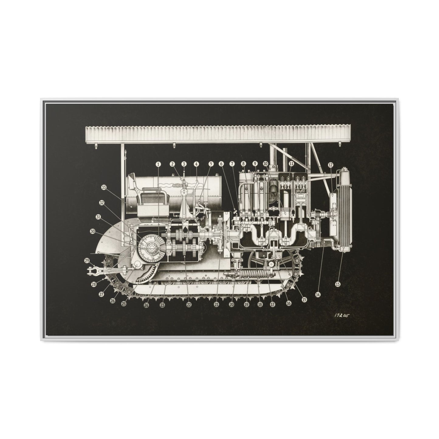 Vintage Engine Crawler Cutaway Engineering Drawing on Matte Canvas Framed | Industrial Wall Art