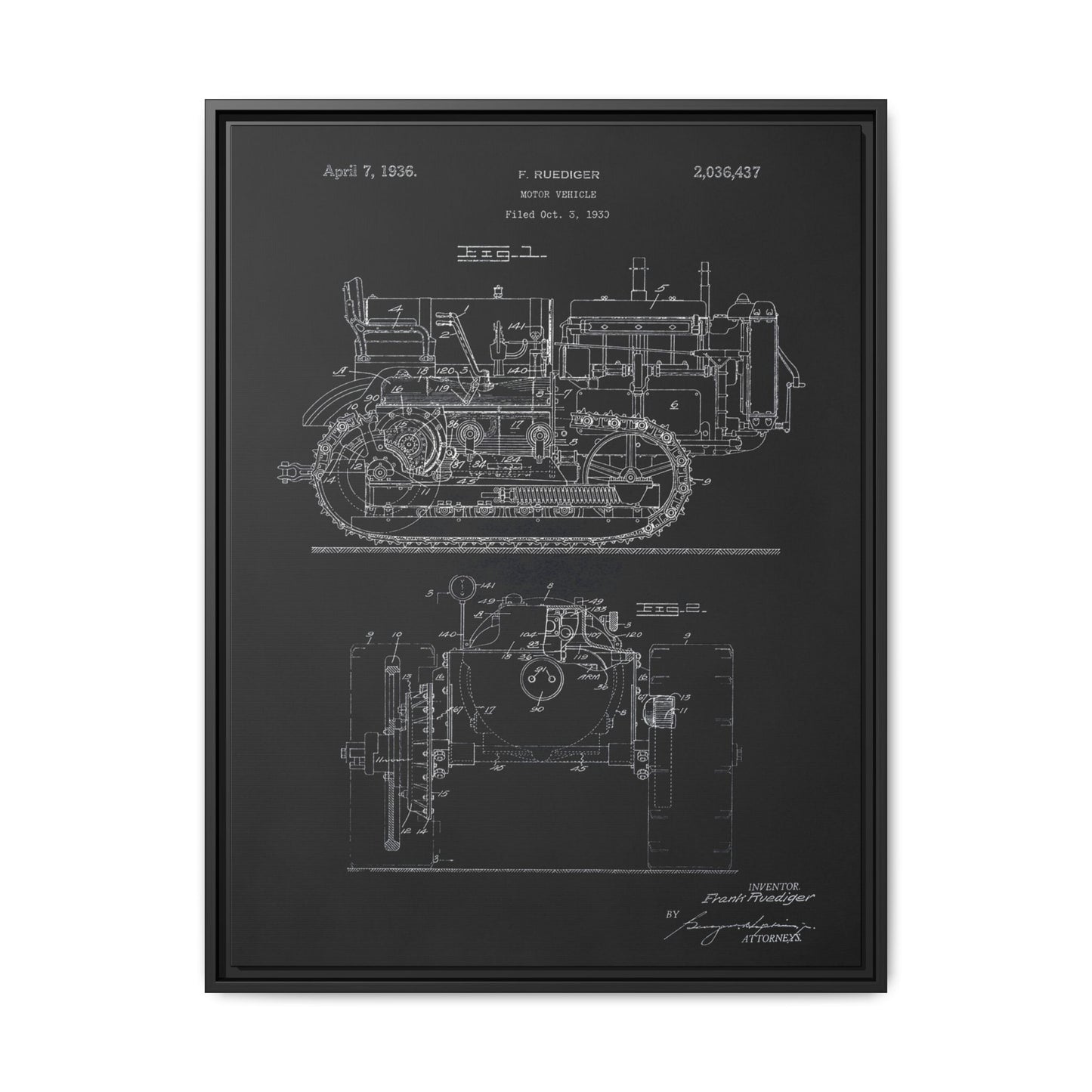 Vintage Dozer Rudiger Patent Drawing, Framed Wall Art on Canvas