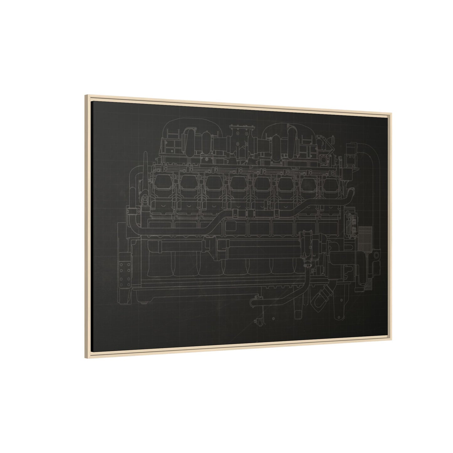 Engine Side View Schematic Drawing Framed Wall Art on Matte Canvas