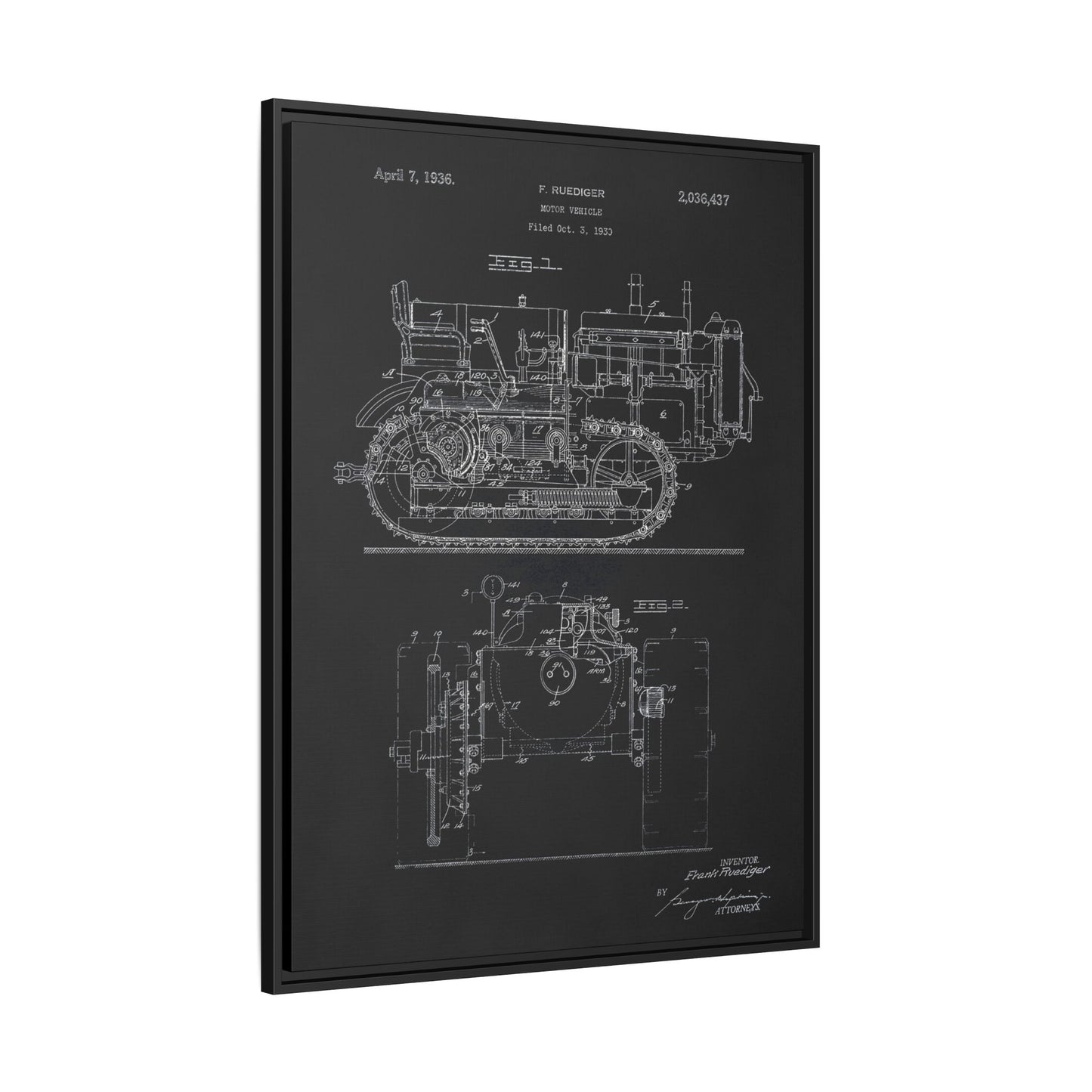 Vintage Dozer Rudiger Patent Drawing, Framed Wall Art on Canvas