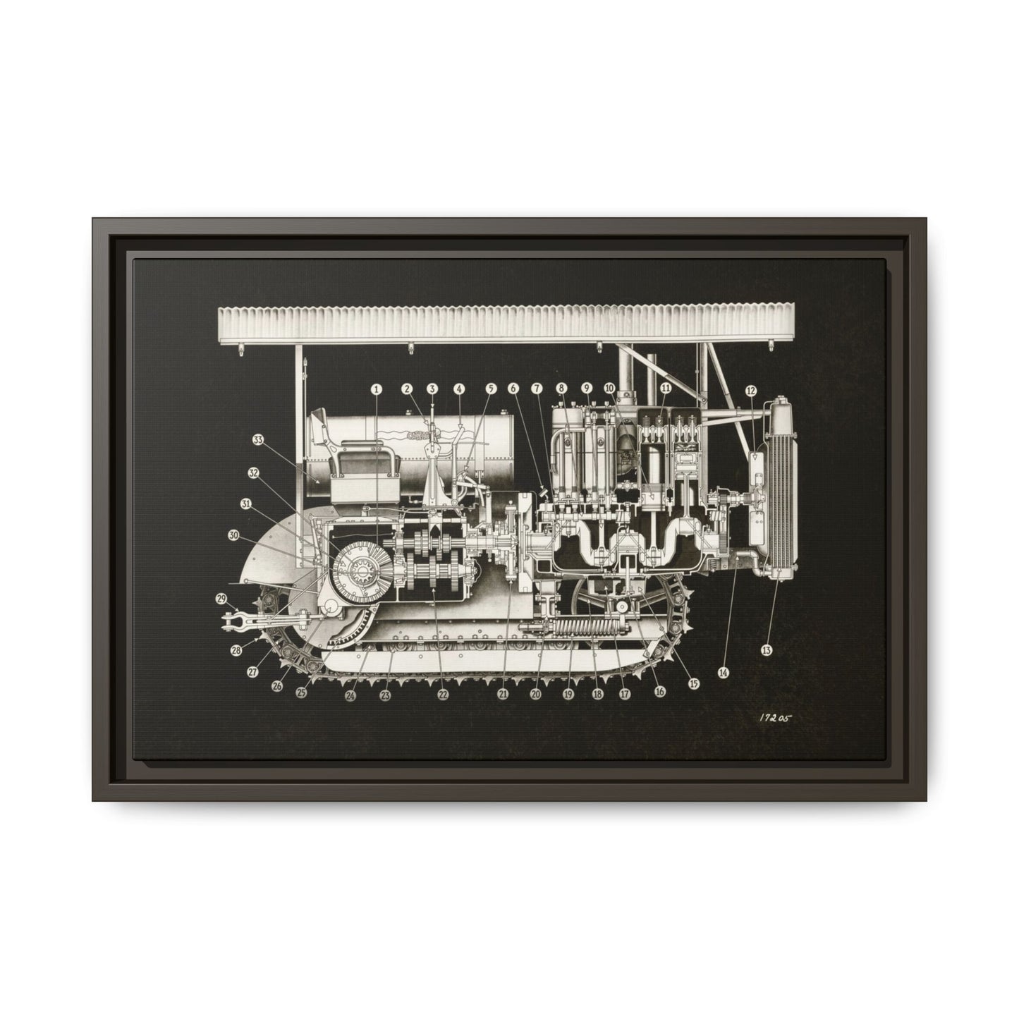 Vintage Engine Crawler Cutaway Engineering Drawing on Matte Canvas Framed | Industrial Wall Art
