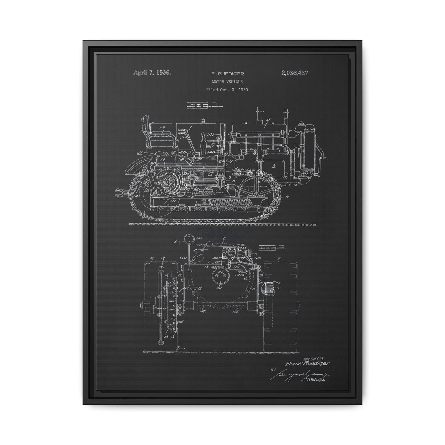 Vintage Dozer Rudiger Patent Drawing, Framed Wall Art on Canvas