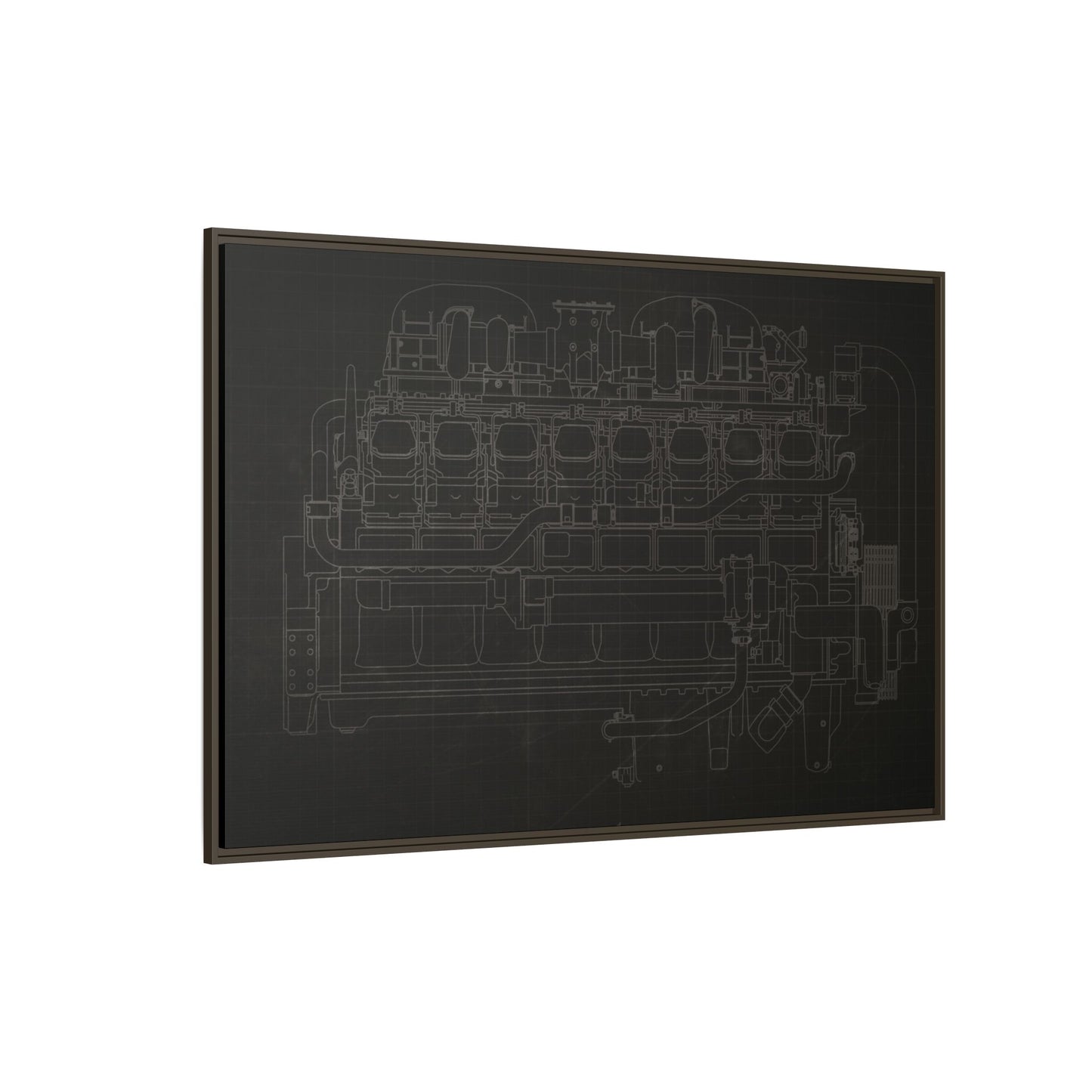 Engine Side View Schematic Drawing Framed Wall Art on Matte Canvas