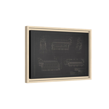 Inline 8 Engine Drawing, Framed Wall Art on Canvas