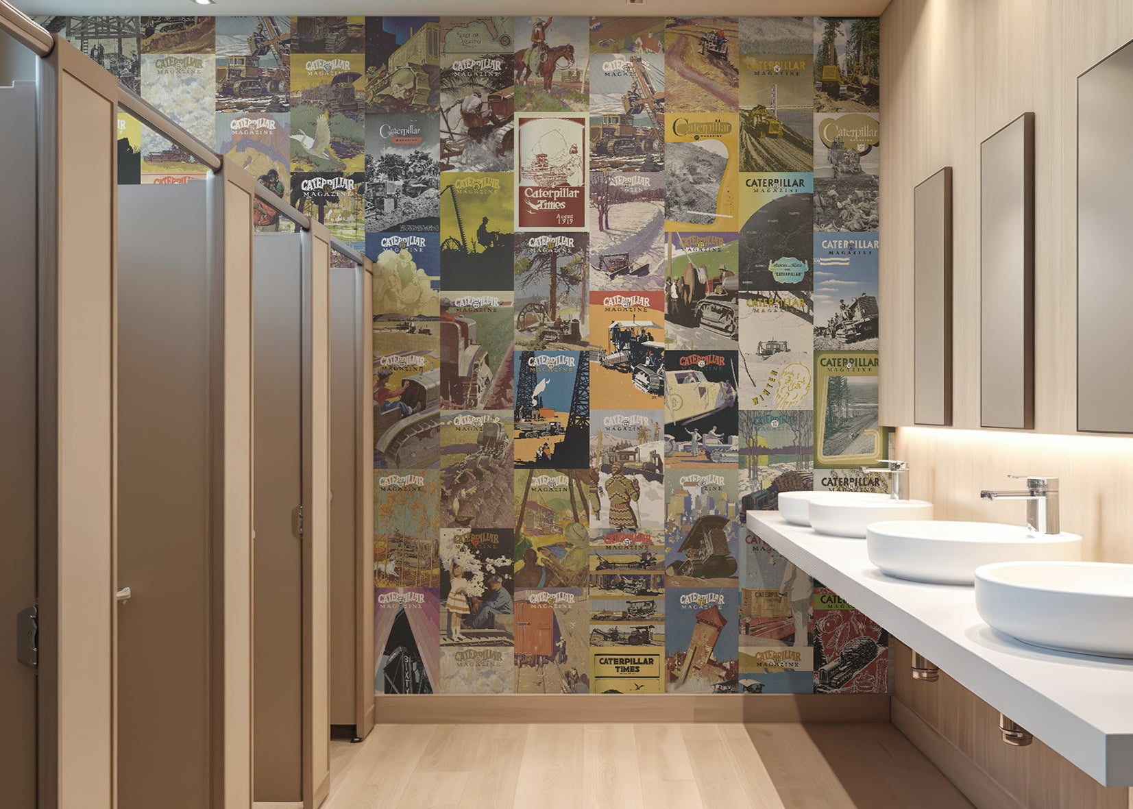 Bathroom interior with patterned wall, sinks, and stalls.