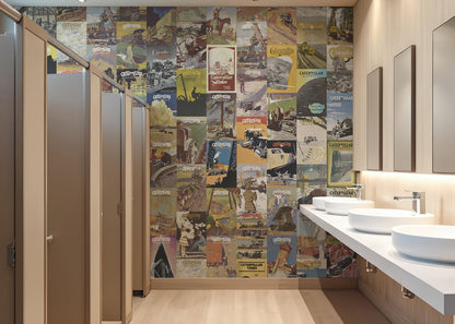 Bathroom interior with patterned wall, sinks, and stalls.