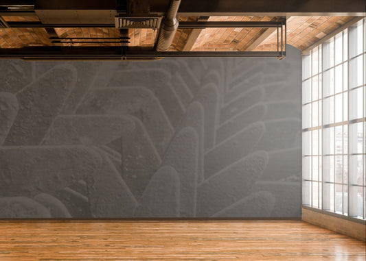 Modern interior with wooden ceiling, gray wall with abstract design, and large windows.