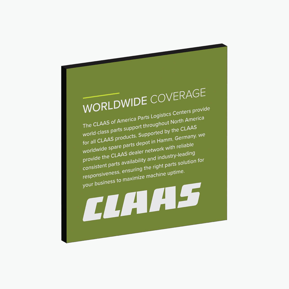 Silicon Edge graphic panel with white text about CLAAS 'Worldwide Coverage' 