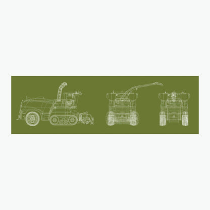 Blueprint-style illustrations of CLAAS construction vehicles on a green background