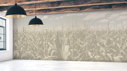 Wallpaper with a field design on a wall with two black pendant lights.