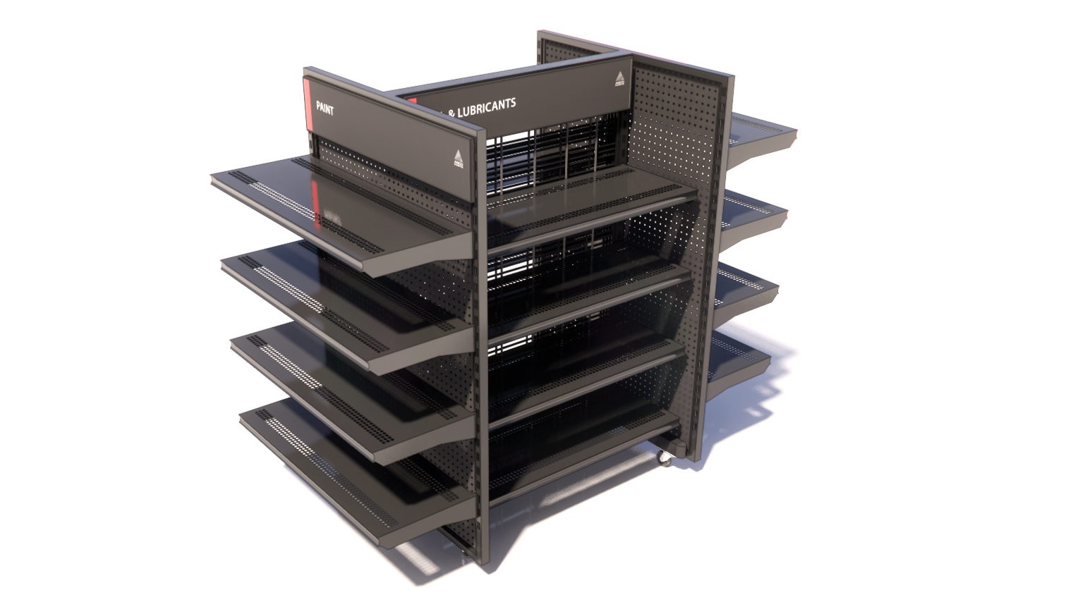 This fixture is a Lozier Showroom shelving unit designed for a Caterpillar or AGCO or Fendt or Massey dealership.